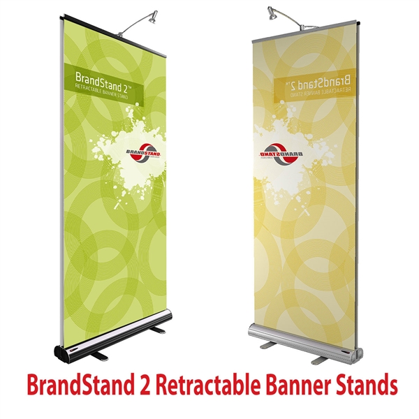 33.5in x 90in Brandstand Double-Sided Retractable Banner Stand w/ Fabric Banner enhance your trade show presentation. Banners with stands and other graphics not just for trade shows. Banner stand helps draw attention to your exhibit at trade show or even