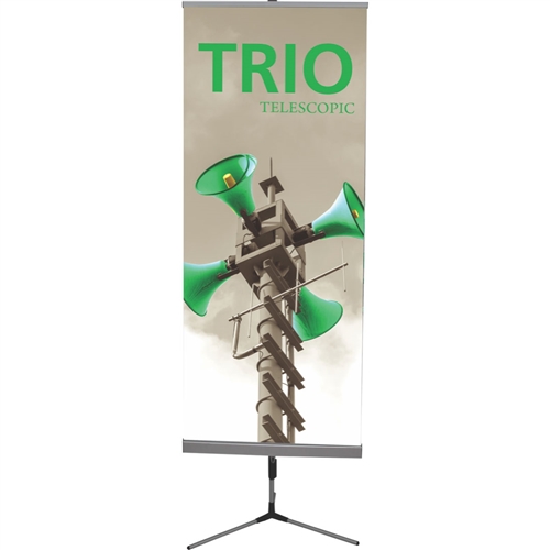 31.5in Trio Single-Sided Telescoping Banner Stand with Fabric Banner - This Telescopic banner stand is perfect for nearly any display needs. An excellent choice for a telescopic banner stand, the Trio supports a single and double-sided graphic.