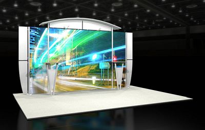 Custom trade show exhibit structures, like design # 55328 stand out on the convention floor. Draw eyes to your trade show booth with exciting custom exhibits & displays. We can customize any trade show exhibit or display to your specifications.