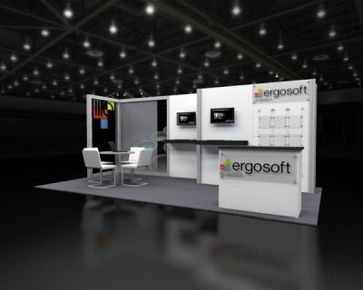 Custom trade show exhibit structures, like design # 60920 stand out on the convention floor. Draw eyes to your trade show booth with exciting custom exhibits & displays. We can customize any trade show exhibit or display to your specifications.