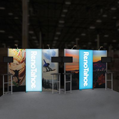 Custom trade show exhibit structures, like design # 843913 stand out on the convention floor. Draw eyes to your trade show booth with exciting custom exhibits & displays. We can customize any trade show exhibit or display to your specifications.