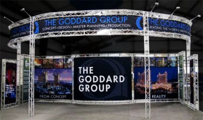 Custom trade show exhibit structures, like design # 320249 stand out on the convention floor. Draw eyes to your trade show booth with exciting custom exhibits & displays. We can customize any trade show exhibit or display to your specifications.