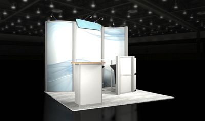 Custom trade show exhibit structures, like design # 50765 stand out on the convention floor. Draw eyes to your trade show booth with exciting custom exhibits & displays. We can customize any trade show exhibit or display to your specifications.