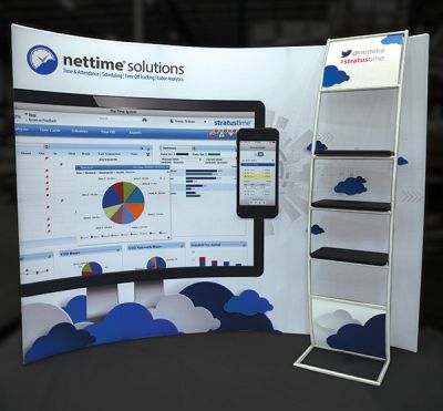 Custom trade show exhibit structures, like design # 680212 stand out on the convention floor. Draw eyes to your trade show booth with exciting custom exhibits & displays. We can customize any trade show exhibit or display to your specifications.