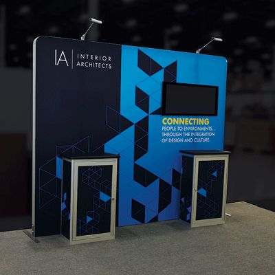Custom trade show exhibit structures, like design # 715937 stand out on the convention floor. Draw eyes to your trade show booth with exciting custom exhibits & displays. We can customize any trade show exhibit or display to your specifications.