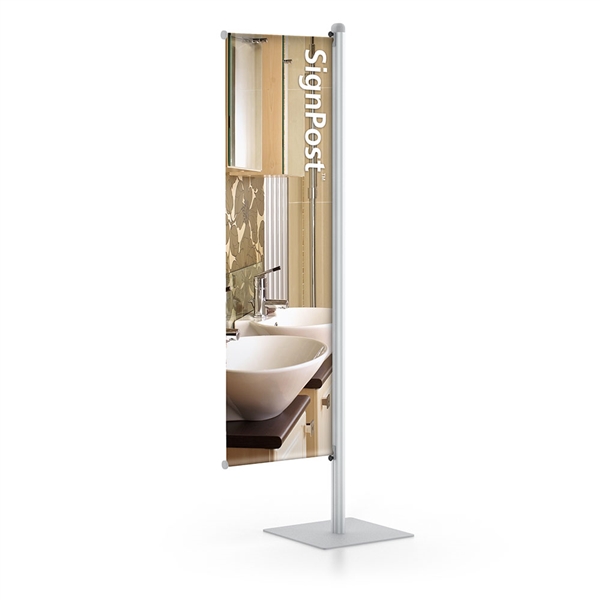 SignPost Pole Pocket Banner Stand - Ultra Sturdy - Single designed to get your marketing message noticed on the trade show or retail floor. These store displays hold 24in x 96in custom graphics that are easy to replace & update.