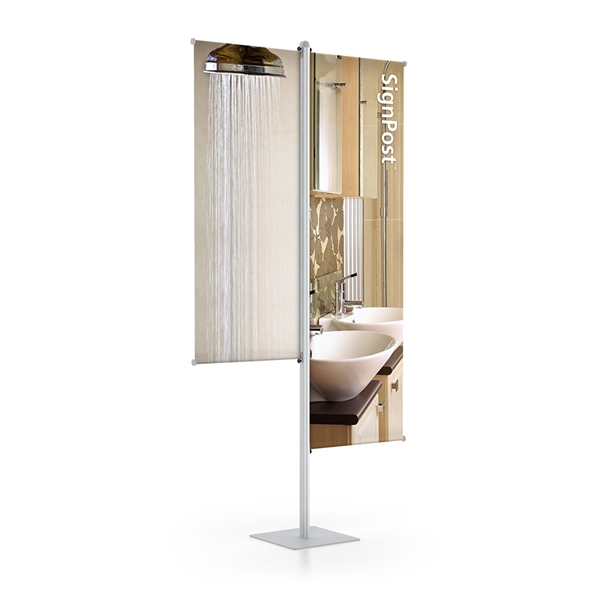 SignPost Pole Pocket Banner Stand - Ultra Sturdy - Double designed to get your marketing message noticed on the trade show or retail floor. These store displays hold 24in x 96in custom graphics that are easy to replace & update.