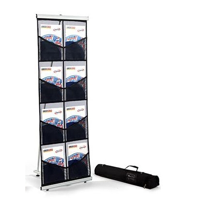 The MeshTex literature stand is rollable, compact and easy to transport. The display sets up in seconds and includes a travel bag for storage. Each sleeve can typically fit a 10 oz brochure. The double width unit features 8 mesh pockets