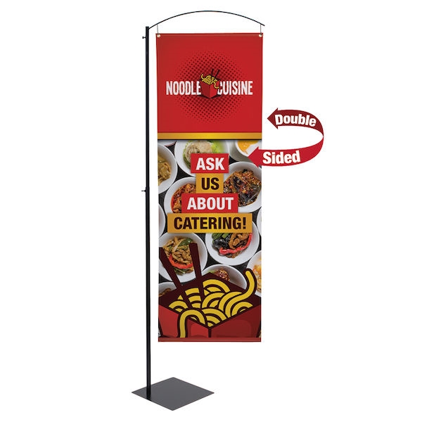 Curved Cantilever Display w/ Double-Sided Graphic allows you to display a single double sided banner or two single sided banners quickly, easily. Curved Cantilever Display Provides Quick and Appealing Custom Banner Displays. Indoor Banner Stands Display