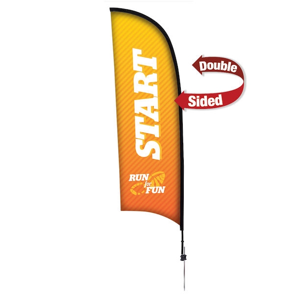 Outdoor promotional sail flags get your message noticed!  Custom printed 9ft Premium Razor marketing flags are perfect for events, trade shows, expos, fairs and in front of retail locations.