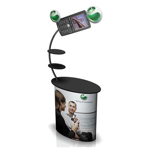 This SOLO Curvo Demo Station Podium w/ Shelves Trade Show Counter will serve perfectly as the base of your trade show or retail display.  The header sign will serve as a great marketing tool.