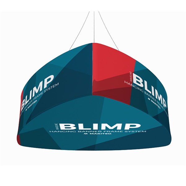 12ft x 32in MAKITSO Blimp Curved TRIO (Triangle)  Hanging Tension Fabric Banner with Printed Bottom. This overhead signage features curved triangle shape, lightweight aluminum frame, high quality fabric graphic and fast shipping