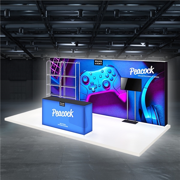 20ft x 8ft Backlit Wavelight Peacock Trade Booth | w/ Shelving