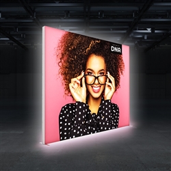 The 10ft wide x 8ft tall Infinity DNA Pro 300L Lightbox Display creates for an illuminated trade show booth that projects you message on the exhibit floor.  This kit features backlit hardware, single-sided custom graphics and display shipping case.