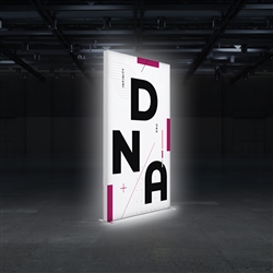 The 4.5ft wide x 8ft tall Infinity DNA Pro 1400L Lightbox Display creates for an illuminated trade show booth that projects you message on the exhibit floor. This kit features backlit hardware, single-sided custom graphics and display shipping case.