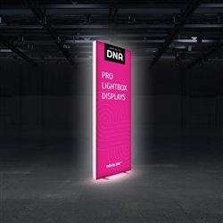 The 3ft wide x 8ft tall Infinity DNA Pro 950L Lightbox Display creates for an illuminated trade show booth that projects you message on the exhibit floor. This kit features backlit hardware, single-sided custom graphics and display shipping case.