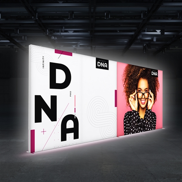 The 20ft wide x 8ft tall Infinity DNA Pro 3000l Lightbox Display creates for an illuminated trade show booth that projects you message on the exhibit floor.  This kit features backlit hardware, double-sided custom graphics and display shipping case.