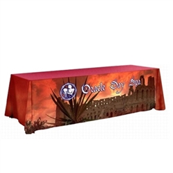 Complete your trade show or presentation with this 8ft Draped custom dye-sub printed Open Back table throw.   All of our custom tablecloths are printed with dye-sublimation to give brilliant, rich colors that command attention. In addition the dye-sublima