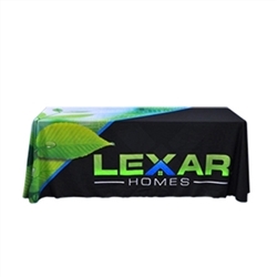 Complete your trade show or presentation with this 6ft Draped custom dye-sub printed Four Sided table throw.   All of our custom tablecloths are printed with dye-sublimation to give brilliant, rich colors that command attention. In addition the dye-sublim