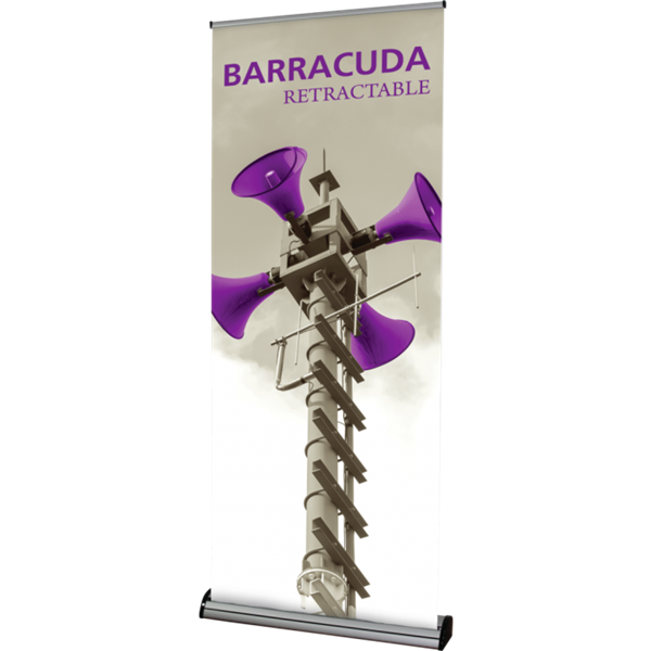 33.5in Barracuda 850 Silver Adjustable Retractable Banner Stand with Fabric Banner is a premium stylish retractable banner stand made of aluminum. Retractable Banner Stand Barracuda 32 in Wide - Pulls Up to 7ft or Rolls Down to a Tabletop Display.