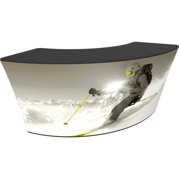 Formulate Bar counter 02 adds modern flare to any trade show exhibit, event or POP display. The curved counter pairs push-fit fabric graphics with a durable countertop and base, and provides the ideal configuration to create a display or reception counter