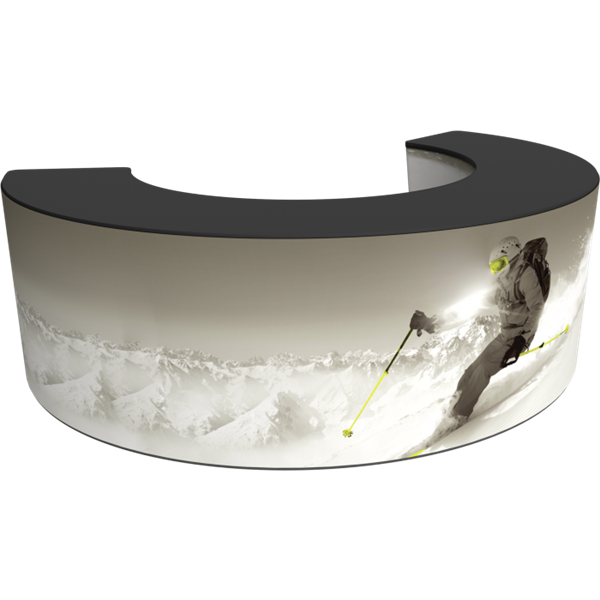 Formulate Bar counter 05 adds modern flare to any trade show exhibit, event or POP display. The curved counter pairs push-fit fabric graphics with a durable countertop and base, and provides the ideal configuration to create a display or reception counter