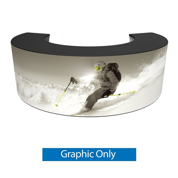 Formulate Bar counter 05 adds modern flare to any trade show exhibit, event or POP display. The curved counter pairs push-fit fabric graphics with a durable countertop and base, and provides the ideal configuration to create a display or reception counter