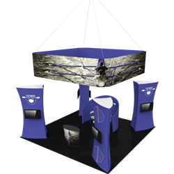 Formulate Fusion Kit 10 features structures that combine the latest developments in fabric printed technology with heavy-duty aluminum frames to create a space that fosters great traffic flow and conversation areas. The 12ft tall center fabric tower