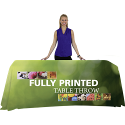 Complete your trade show or presentation with this 8ft Draped custom dye-sub printed Four Sided table throw.   All of our custom tablecloths are printed with dye-sublimation to give brilliant, rich colors that command attention. In addition the dye-sublim