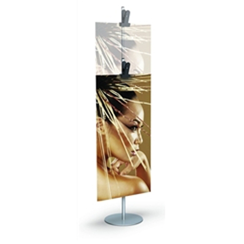 Single Sided Silver Clamp Stand 2 Section 38in - 72in Telescopic 13in Round Base Plastic Clamp. Classic Aluminum Poster Clamp Stand Display, Single Sided or Double Sided,  Telescopic pole. Several base choices.
