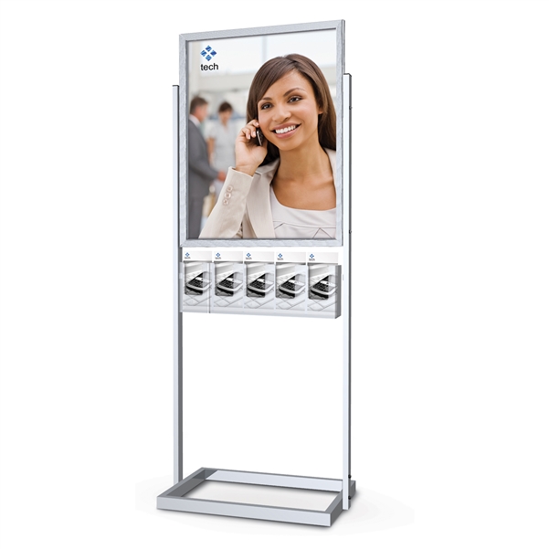 63in H Black Information Center Bulletin Sign Holders 10 Tri-Fold Brochure Holders (5 each side). Perfect for exhibits, retail, restaurants, trade shows and malls. This sign  double-sided or single-sided graphics and is great for retail spaces.