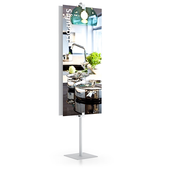 SignPost Rigid Pucks Graphic Stand designed to get your marketing message noticed on the trade show or retail floor. These store displays hold 96in custom graphics that are easy to replace & update.