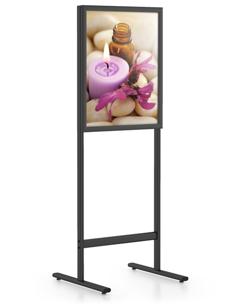 EasyOpen Snap Signframe Single-Sided Poster Size Stand - Dual Upright designed to get your marketing message noticed on the trade show or retail floor. These store displays hold 22in x 28in custom graphics that are easy to replace & update.