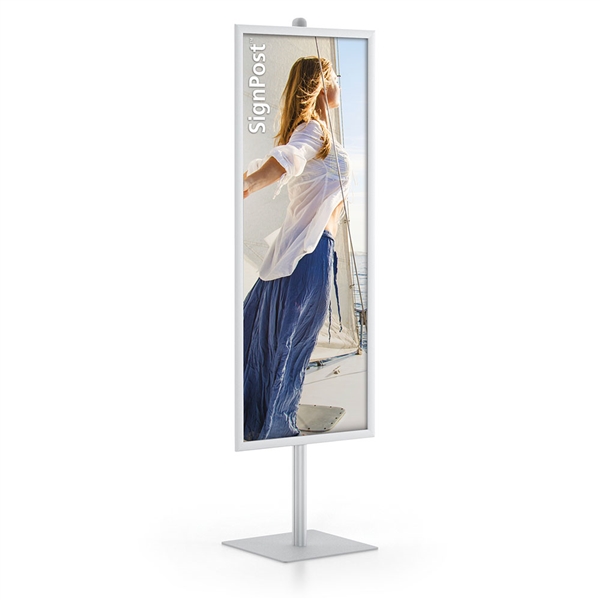 EasyOpen Snap One Frame Upright With Sq. Base Kit designed to get your marketing message noticed on the trade show or retail floor. These store displays hold 22in x 56in custom graphics that are easy to replace & update.