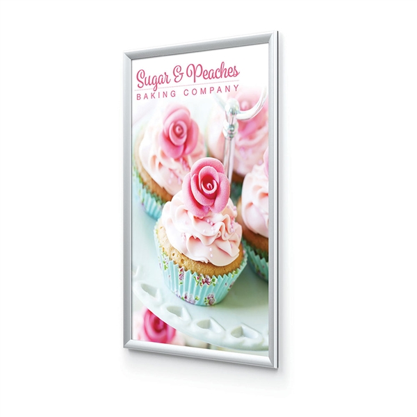 Hybrid Wide No Springs Plastic Silver Snap Frame designed to get your marketing message noticed on the trade show or retail floor. These store displays hold 22in x 28in custom graphics that are easy to replace & update.