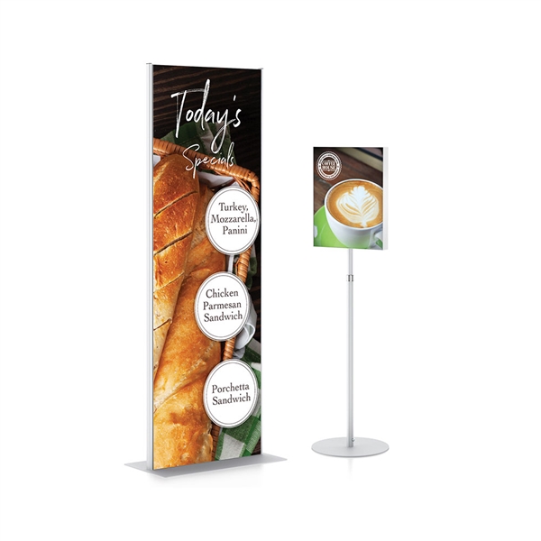 Magnetic Pedestal Media Telescopic designed to get your marketing message noticed on the trade show or retail floor. These store displays hold 11in x 17in custom graphics that are easy to replace & update.