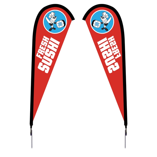 Outdoor promotional flag stands get your message noticed!  Custom printed 7.5ft Sunbrid double-sided Teardrop outdoor flags are perfect for retail stores, car dealerships, fairs, expos, trade shows and more to grab customer attention.
