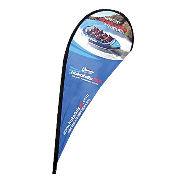Outdoor promotional flags get your message noticed!  Custom printed 14.5ft  single-sided Teardrop outdoor flags are perfect for retail stores, car dealerships, fairs, expos, trade shows and more to grab customer attention.