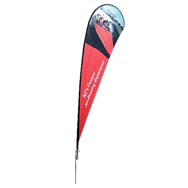 Outdoor promotional flag stands get your message noticed!  Custom printed 15.75ft  single-sided Teardrop outdoor flags are perfect for retail stores, car dealerships, fairs, expos, trade shows and more to grab customer attention.