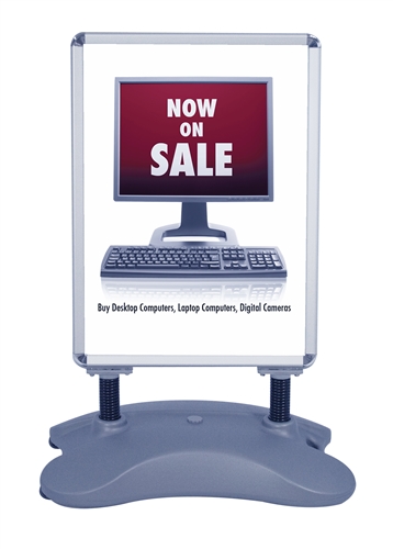 Water Base Snap Double Sided Outdoor Signboard Displays features tool-free assembly and rugged aluminum and powder coated steel construction. The dual spring design flexes to help withstand wind gusts. The hollow base can be filled with water