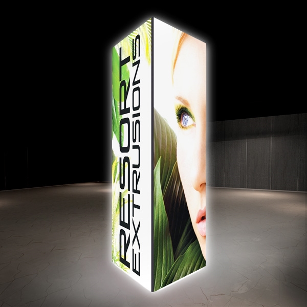 Backlit Big Sky Towers are professional displays that draw eyes to your trades show booth. These backlit illuminated fabric towers are constructed of aluminum extrusions designed to hold SEG graphics. Feature easy assembly and come packed in a hard molded