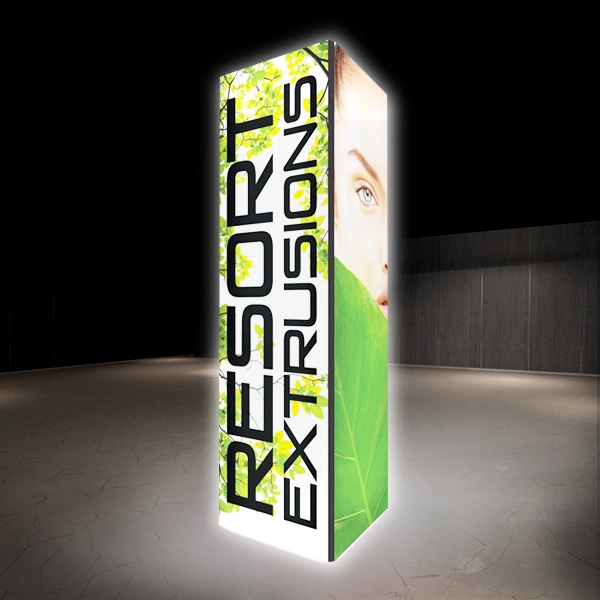 Backlit Big Sky Towers are professional displays that draw eyes to your trades show booth. These backlit illuminated fabric towers are constructed of aluminum extrusions designed to hold SEG graphics. Feature easy assembly and come packed in a hard molded